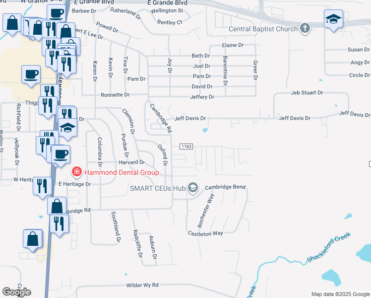 map of restaurants, bars, coffee shops, grocery stores, and more near 712 McClenny Drive in Tyler