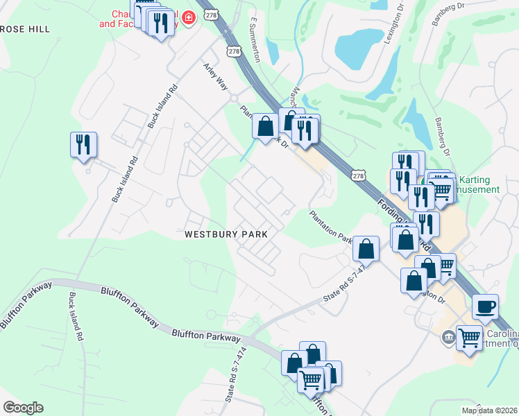 map of restaurants, bars, coffee shops, grocery stores, and more near 59 Regent Avenue in Bluffton