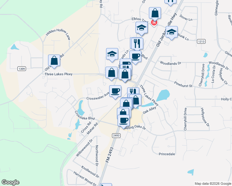 map of restaurants, bars, coffee shops, grocery stores, and more near Crosswater Avenue in Tyler