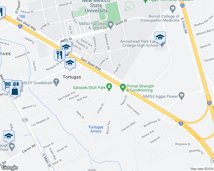 map of restaurants, bars, coffee shops, grocery stores, and more near 465 Salopek Boulevard in Las Cruces
