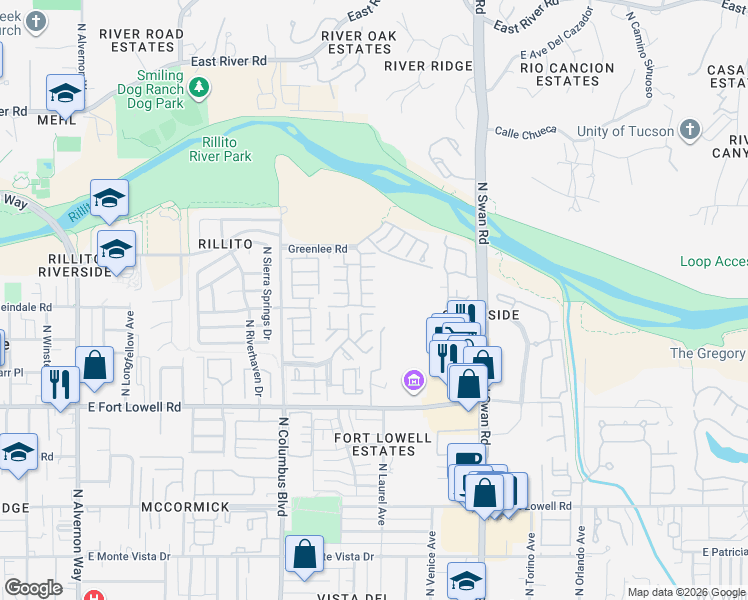 map of restaurants, bars, coffee shops, grocery stores, and more near 4478 East Caladium Place in Tucson