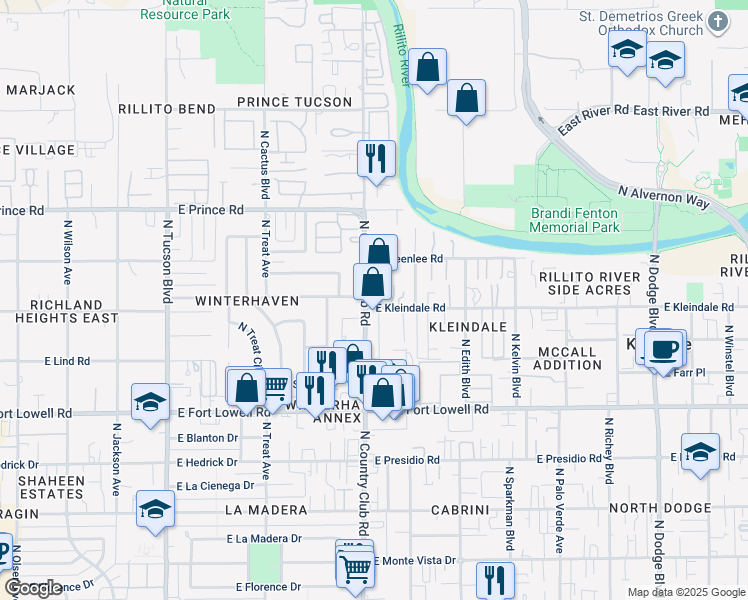 map of restaurants, bars, coffee shops, grocery stores, and more near 3438 North Country Club Road in Tucson
