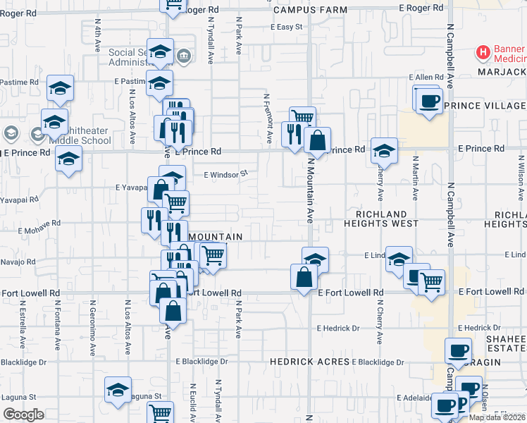 map of restaurants, bars, coffee shops, grocery stores, and more near 1114 East Greenlee Place in Tucson