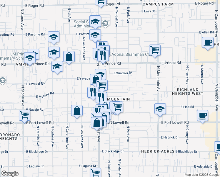 map of restaurants, bars, coffee shops, grocery stores, and more near 760 East Graybill Drive in Tucson