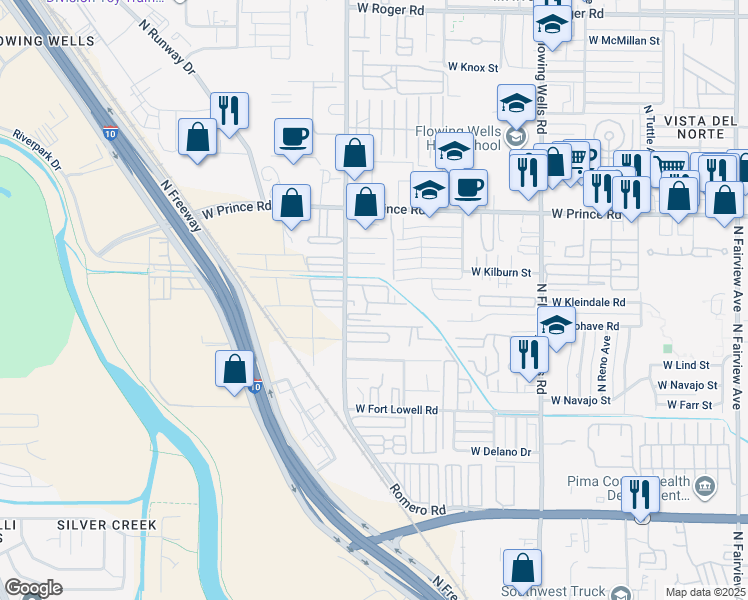 map of restaurants, bars, coffee shops, grocery stores, and more near 1641 West Kilburn Street in Tucson
