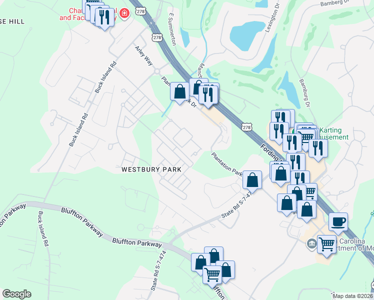 map of restaurants, bars, coffee shops, grocery stores, and more near 100 Kensington Boulevard in Bluffton