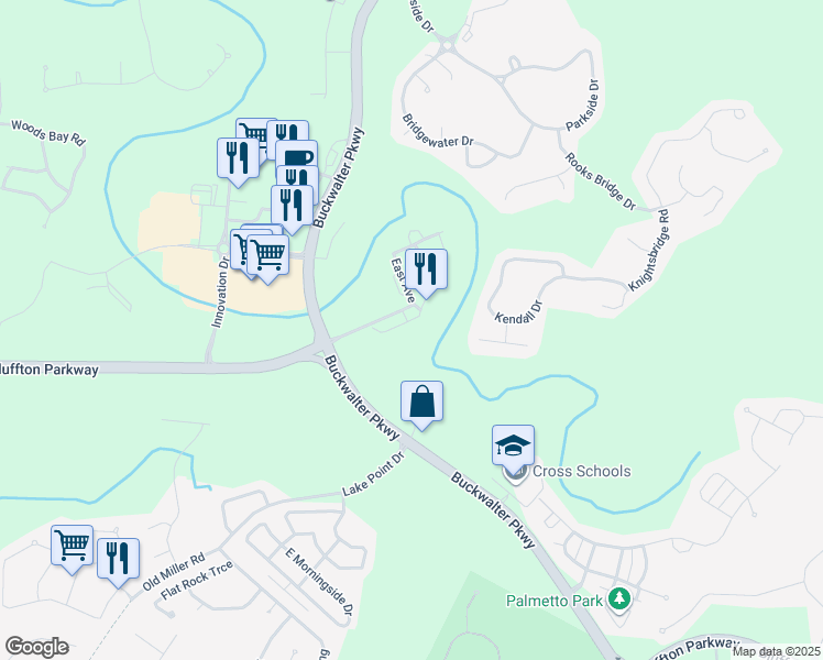 map of restaurants, bars, coffee shops, grocery stores, and more near 157 South Street in Bluffton
