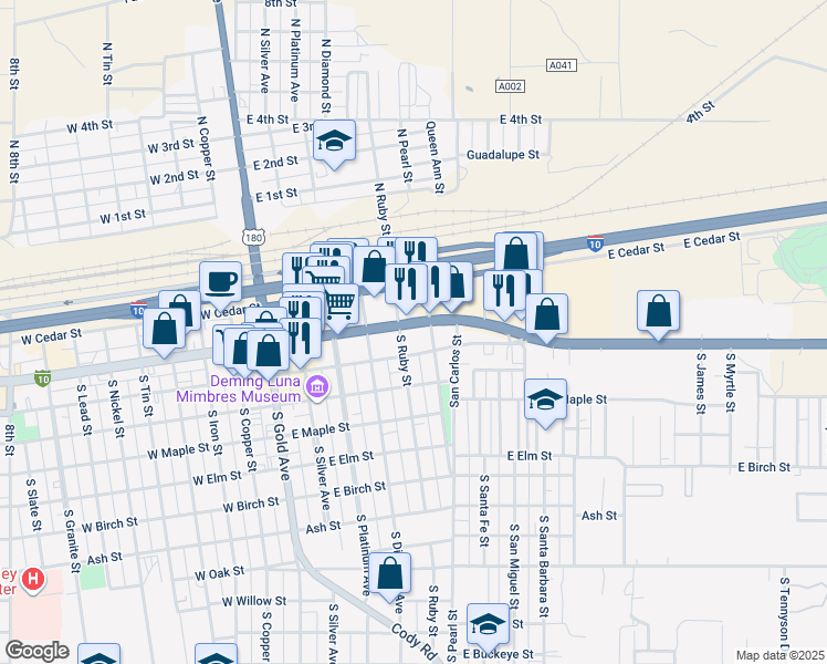 map of restaurants, bars, coffee shops, grocery stores, and more near 100-198 North Pearl Street in Deming