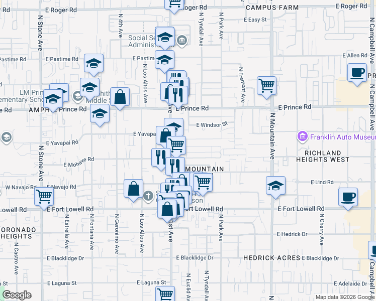 map of restaurants, bars, coffee shops, grocery stores, and more near 753 East Holaway Drive in Tucson