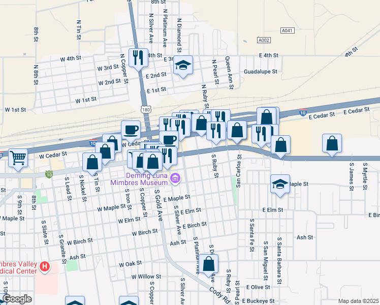 map of restaurants, bars, coffee shops, grocery stores, and more near 323 East Pine Street in Deming
