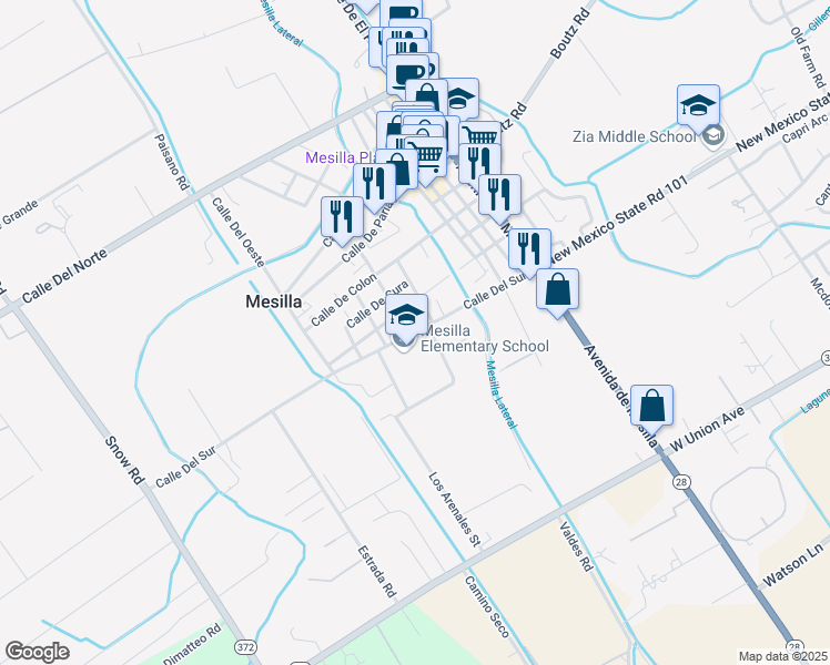 map of restaurants, bars, coffee shops, grocery stores, and more near 2363 Calle Del Sur in Mesilla