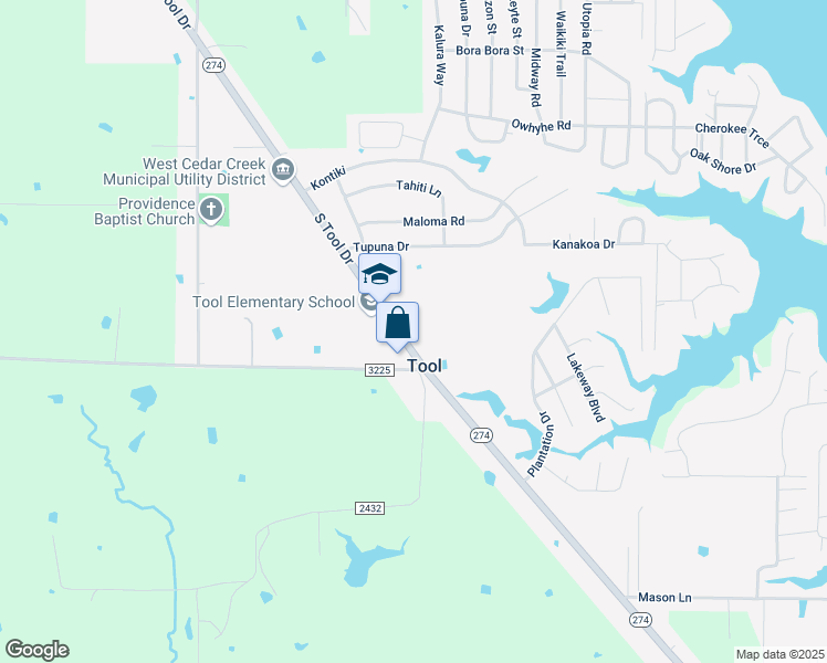 map of restaurants, bars, coffee shops, grocery stores, and more near 1216 South Tool Drive in Tool