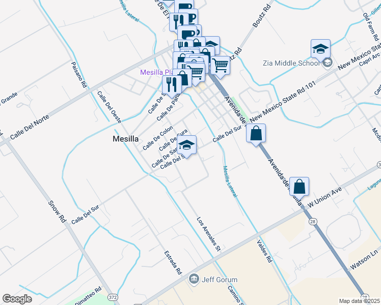 map of restaurants, bars, coffee shops, grocery stores, and more near 2363 Calle Del Sur in Mesilla