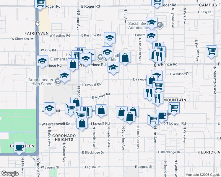 map of restaurants, bars, coffee shops, grocery stores, and more near 320 East Yavapai Road in Tucson