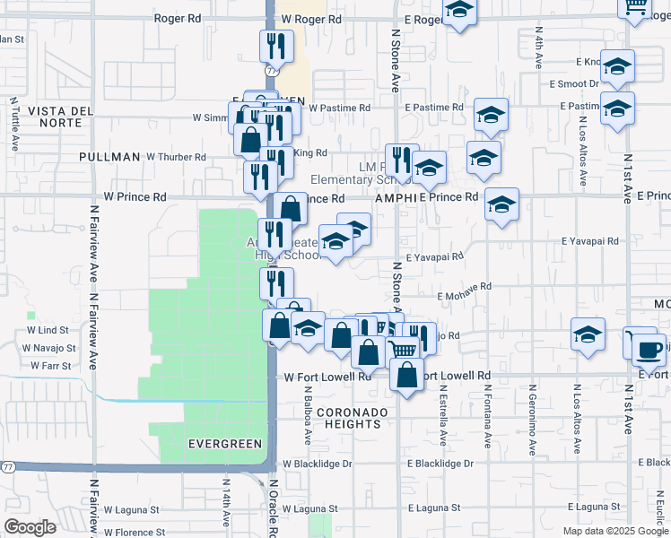 map of restaurants, bars, coffee shops, grocery stores, and more near 125 West Yavapai Road in Tucson