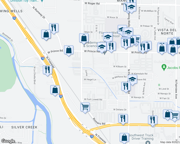 map of restaurants, bars, coffee shops, grocery stores, and more near 1641 West Kilburn Street in Tucson