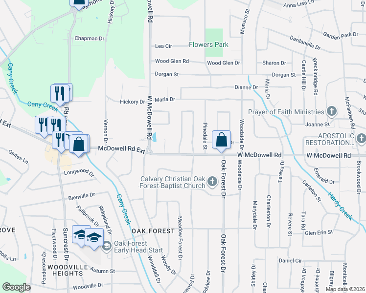 map of restaurants, bars, coffee shops, grocery stores, and more near 444 McDowell Park Circle in Jackson