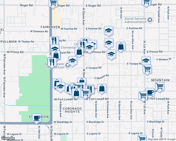 map of restaurants, bars, coffee shops, grocery stores, and more near 3450 North Stone Avenue in Tucson