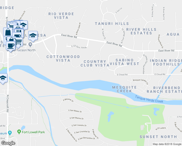 map of restaurants, bars, coffee shops, grocery stores, and more near 3441 North Country Club Vista Place in Tucson