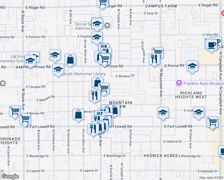 map of restaurants, bars, coffee shops, grocery stores, and more near 760 East Graybill Drive in Tucson