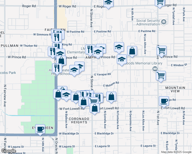 map of restaurants, bars, coffee shops, grocery stores, and more near in Tucson