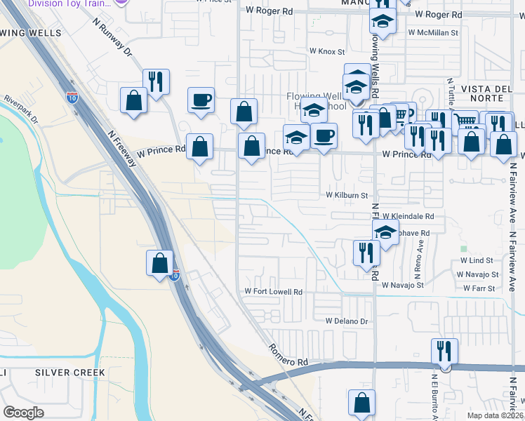 map of restaurants, bars, coffee shops, grocery stores, and more near 1641 West Kilburn Street in Tucson