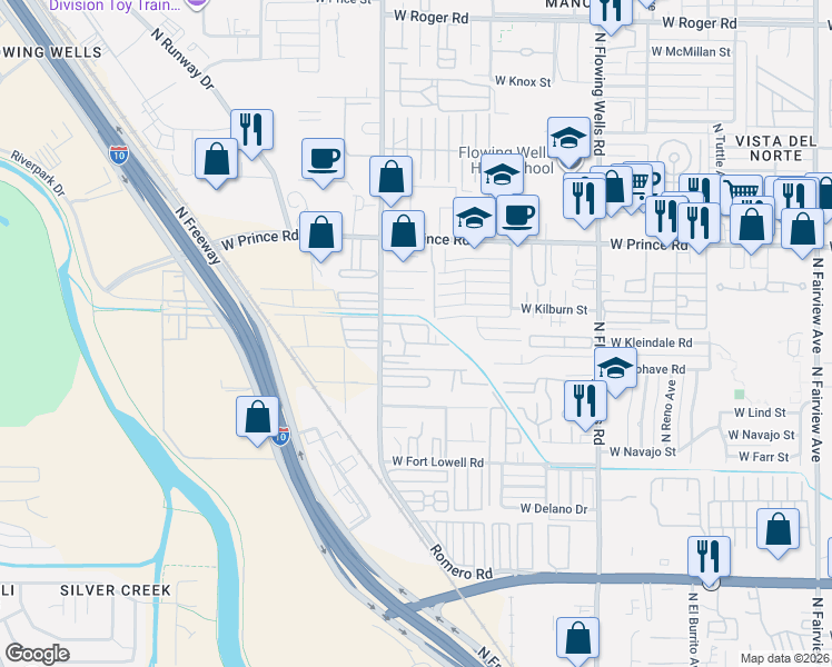 map of restaurants, bars, coffee shops, grocery stores, and more near 1641 West Kilburn Street in Tucson