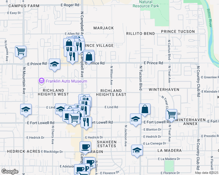 map of restaurants, bars, coffee shops, grocery stores, and more near 3437 North Wilson Avenue in Tucson