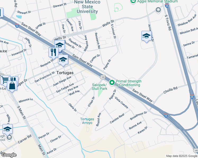 map of restaurants, bars, coffee shops, grocery stores, and more near 465 Salopek Boulevard in Las Cruces