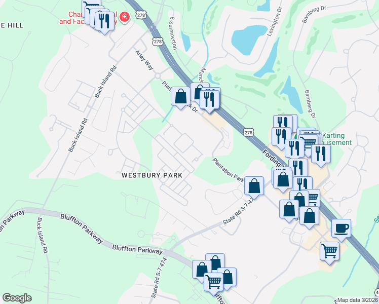 map of restaurants, bars, coffee shops, grocery stores, and more near 100 Kensington Boulevard in Bluffton