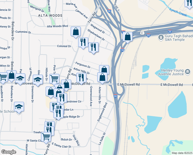 map of restaurants, bars, coffee shops, grocery stores, and more near 250 Arbor Hills Drive in Jackson