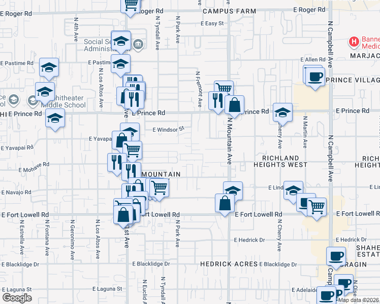 map of restaurants, bars, coffee shops, grocery stores, and more near 1114 East Greenlee Place in Tucson