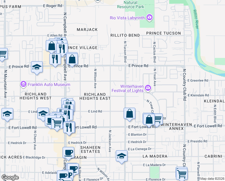 map of restaurants, bars, coffee shops, grocery stores, and more near 3444 North Jackson Avenue in Tucson