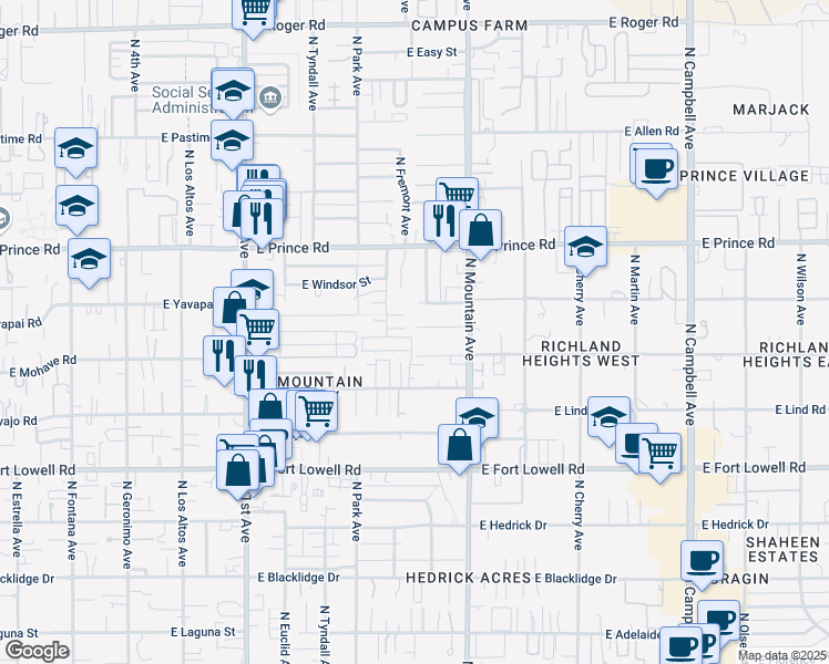 map of restaurants, bars, coffee shops, grocery stores, and more near 1114 East Greenlee Place in Tucson