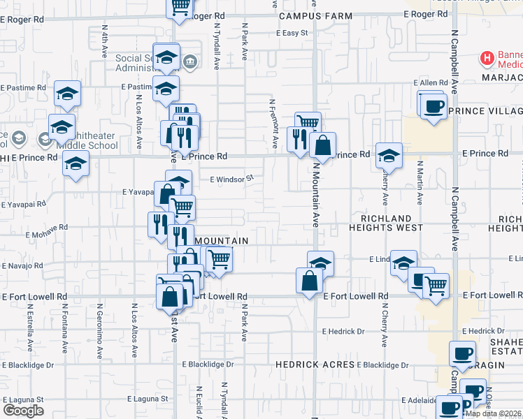 map of restaurants, bars, coffee shops, grocery stores, and more near 1114 East Greenlee Place in Tucson