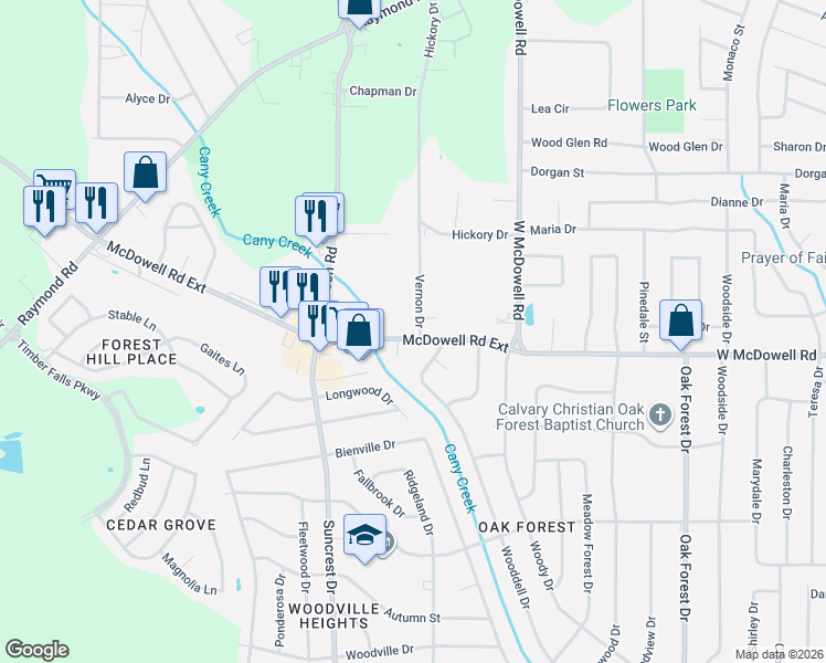 map of restaurants, bars, coffee shops, grocery stores, and more near 2724 McDowell Road Extension in Jackson