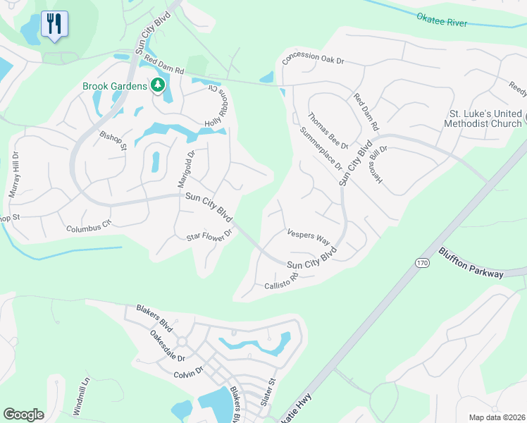 map of restaurants, bars, coffee shops, grocery stores, and more near 43 Vespers Way in Bluffton