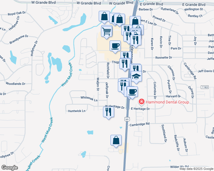 map of restaurants, bars, coffee shops, grocery stores, and more near 7314 Hollyoak Drive in Tyler
