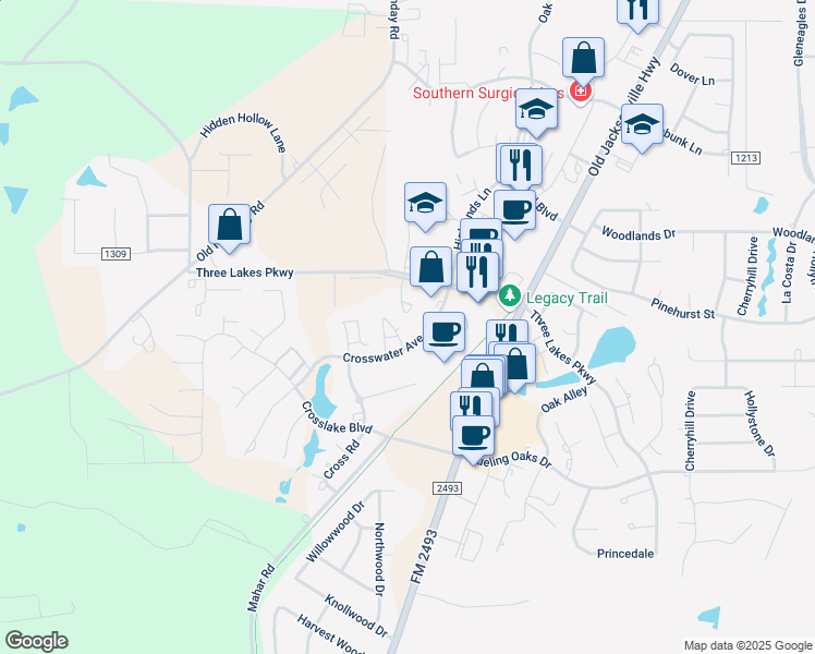map of restaurants, bars, coffee shops, grocery stores, and more near 7334 Crosswater in Tyler