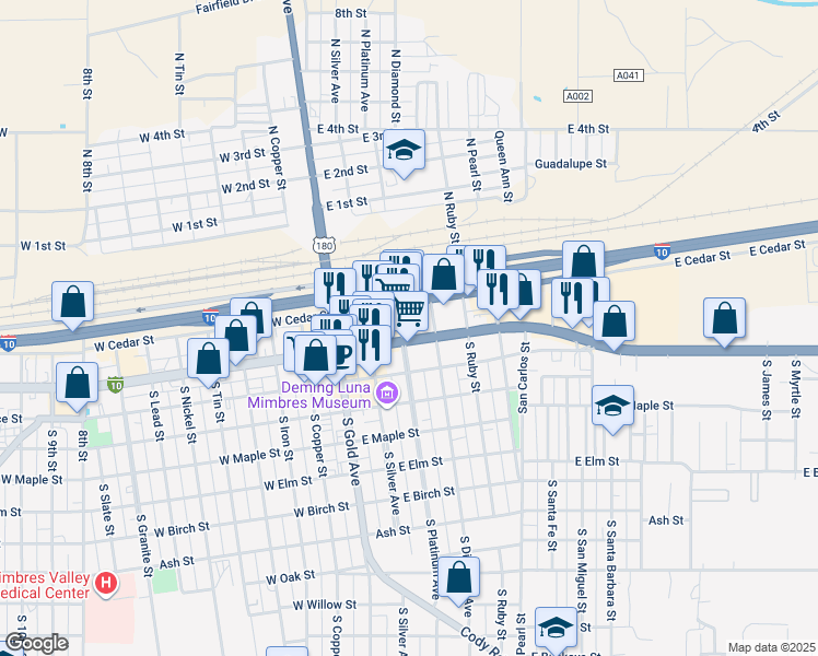 map of restaurants, bars, coffee shops, grocery stores, and more near 323 East Pine Street in Deming