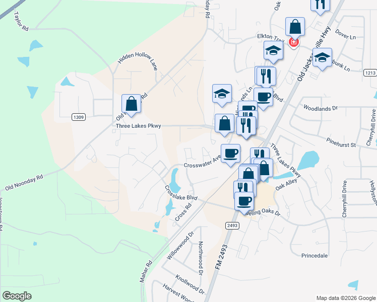 map of restaurants, bars, coffee shops, grocery stores, and more near 7323 Lake Pointe Cove in Tyler