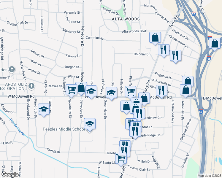 map of restaurants, bars, coffee shops, grocery stores, and more near 2743 Glenn Street in Jackson