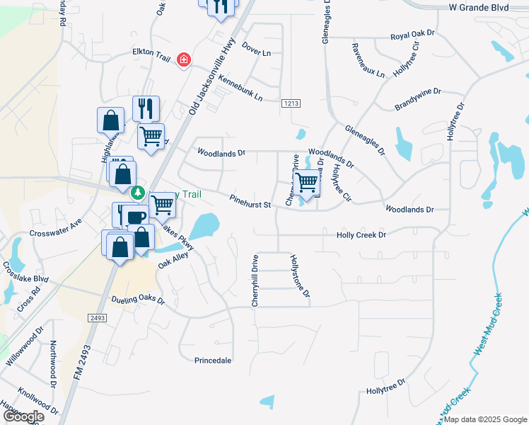 map of restaurants, bars, coffee shops, grocery stores, and more near 2106 Pinehurst Street in Tyler