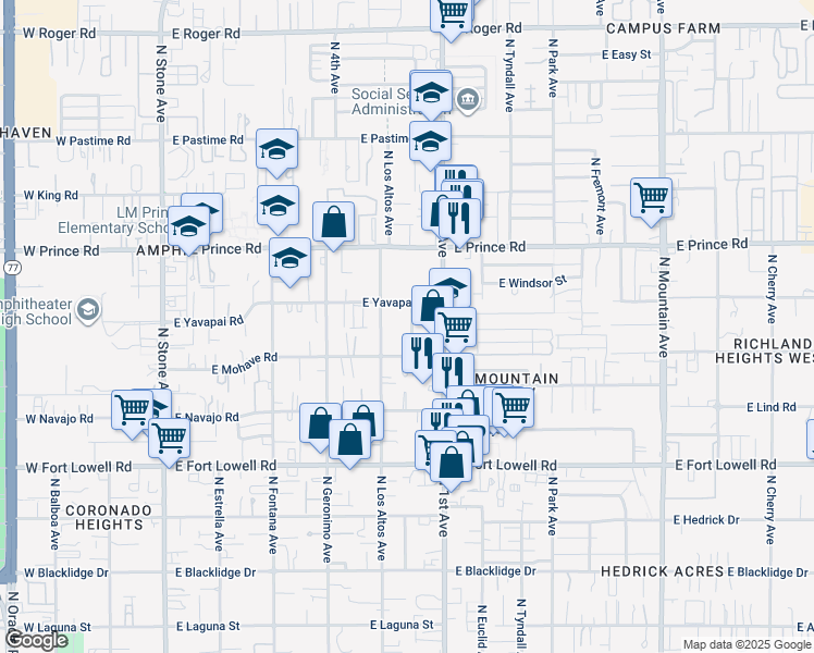 map of restaurants, bars, coffee shops, grocery stores, and more near 3431 North 2nd Avenue in Tucson