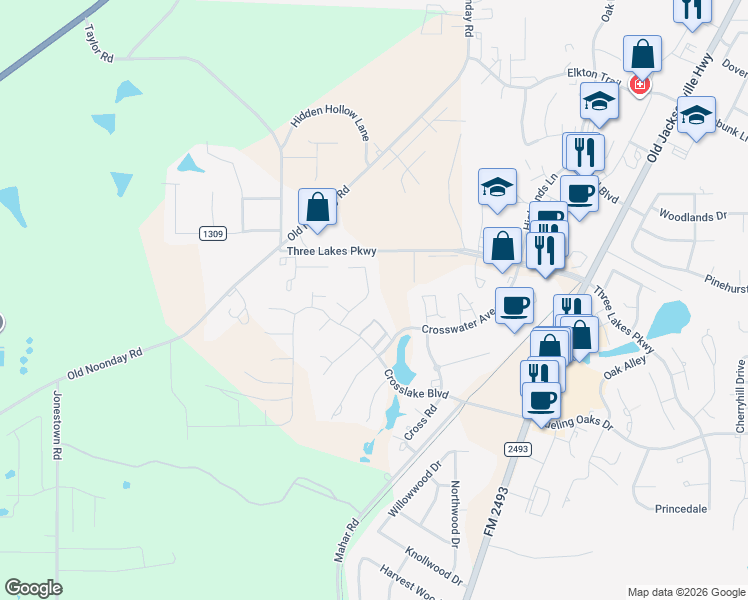 map of restaurants, bars, coffee shops, grocery stores, and more near 7556 Northlake Drive in Tyler