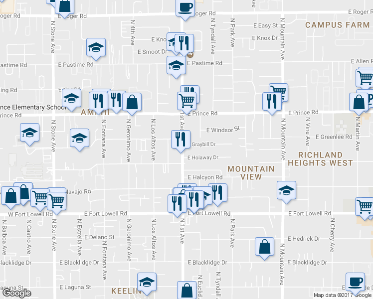 map of restaurants, bars, coffee shops, grocery stores, and more near 3448 North 1st Avenue in Tucson