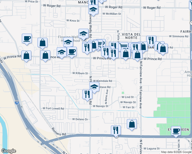 map of restaurants, bars, coffee shops, grocery stores, and more near 3450 North Flowing Wells Road in Tucson