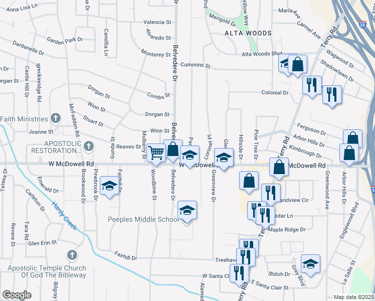 map of restaurants, bars, coffee shops, grocery stores, and more near 2549 Paden Street in Jackson