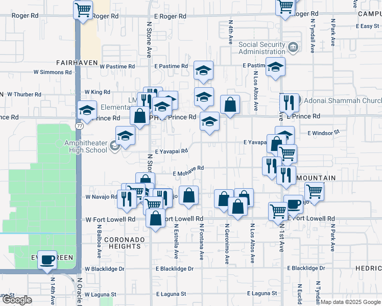 map of restaurants, bars, coffee shops, grocery stores, and more near 208 East Yavapai Road in Tucson