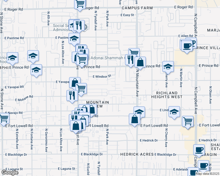map of restaurants, bars, coffee shops, grocery stores, and more near 3455 North Fremont Avenue in Tucson